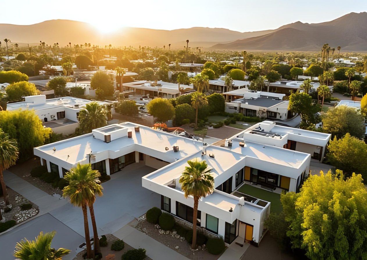 Palm Springs aerial view at sunset with homes and palm trees